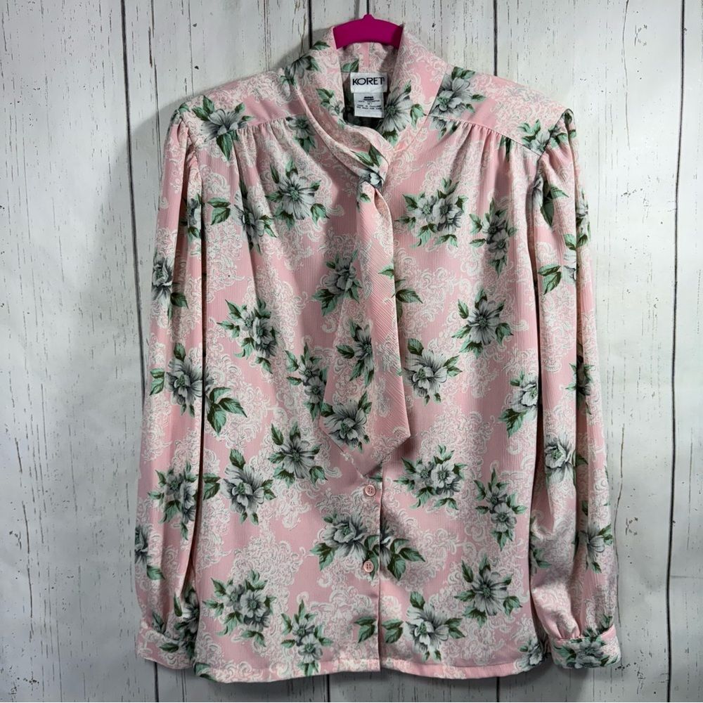 Vintage Koret Pink Floral Blouse Front Tie Romantic Cottagecore Long Sleeve Top